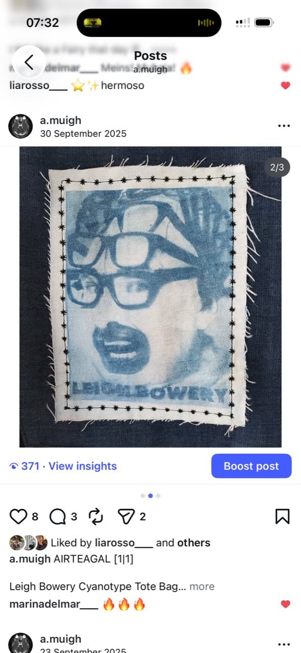 Screenshot showing a cyanotype Leigh Bowery textile patch with stitched border