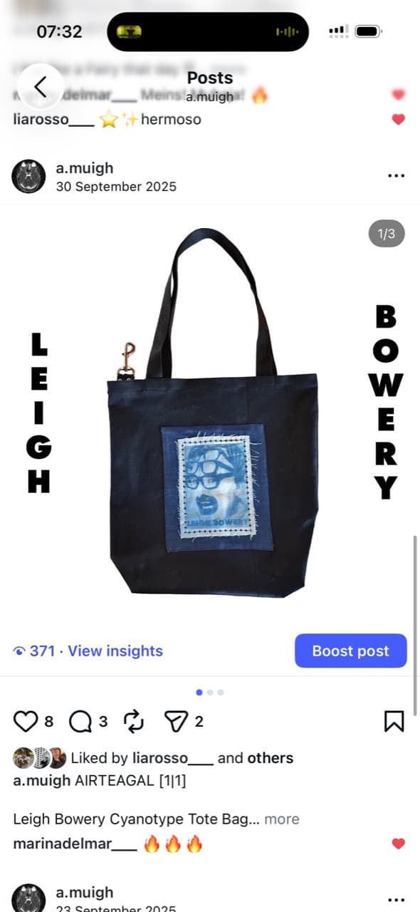 Screenshot showing a black tote bag with Leigh Bowery cyanotype patch