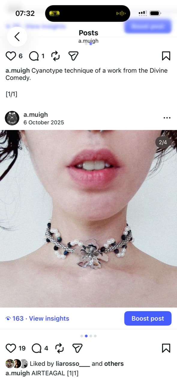 Screenshot showing a close-up portrait wearing a pearl and chain necklace