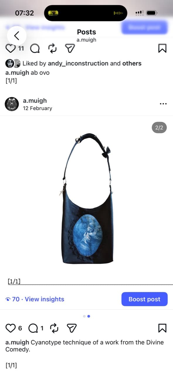 Screenshot showing a black bag with an oval blue cyanotype image